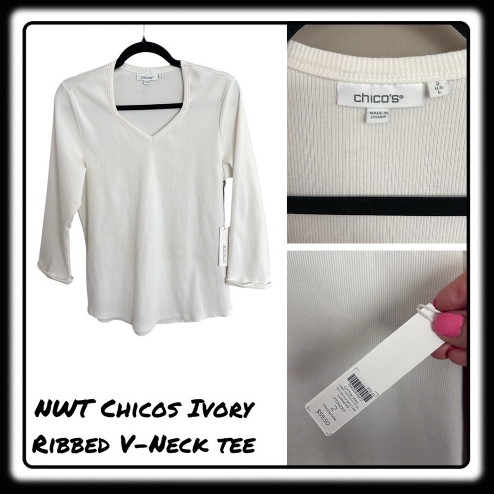 NWT Chicos Ivory ribbed V-Neck top 3/4 length sleeves sz 2 (equiv sz 12-14)